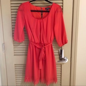 🆕 NÉW Coral Dress Sheer 3/4 Sleeves and Lace Hem